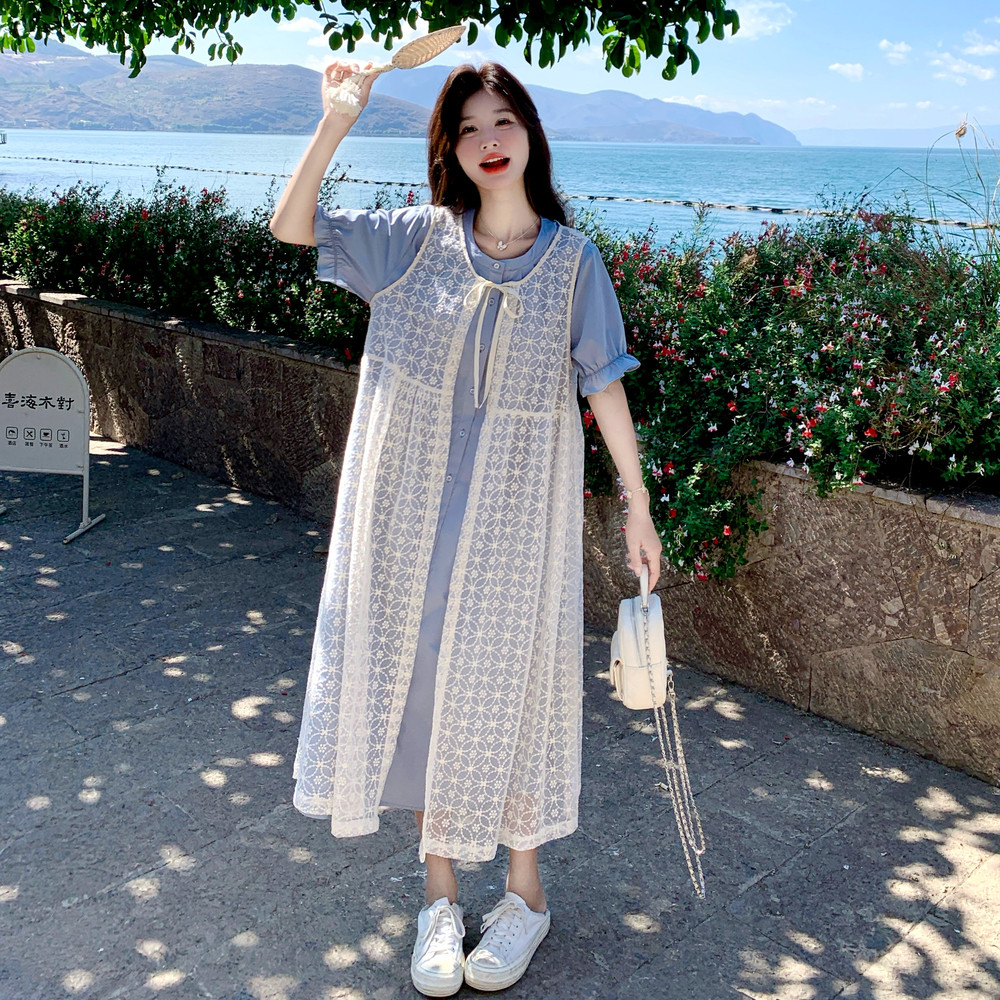 甜美蓝色衬衫裙套装女2025夏新款法式温柔显瘦白色罩衫两件套长裙,女装连衣裙,艾艾淮淮