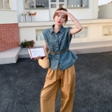 老钱风穿搭牛仔无袖马甲配姜黄色长裙两件套女夏2025超火减龄套装，女装套装/套裙，艾艾淮淮