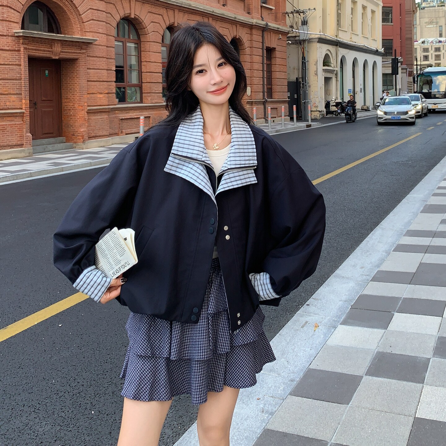 藏青色格纹拼接短外套女2025秋季新款韩系休闲减龄小个子百搭夹克,女装套装/套裙,艾艾淮淮