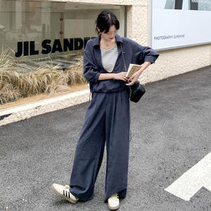 藏青色松弛感套装女秋季2025新款撞色条纹拼接上衣阔腿裤两件套图片