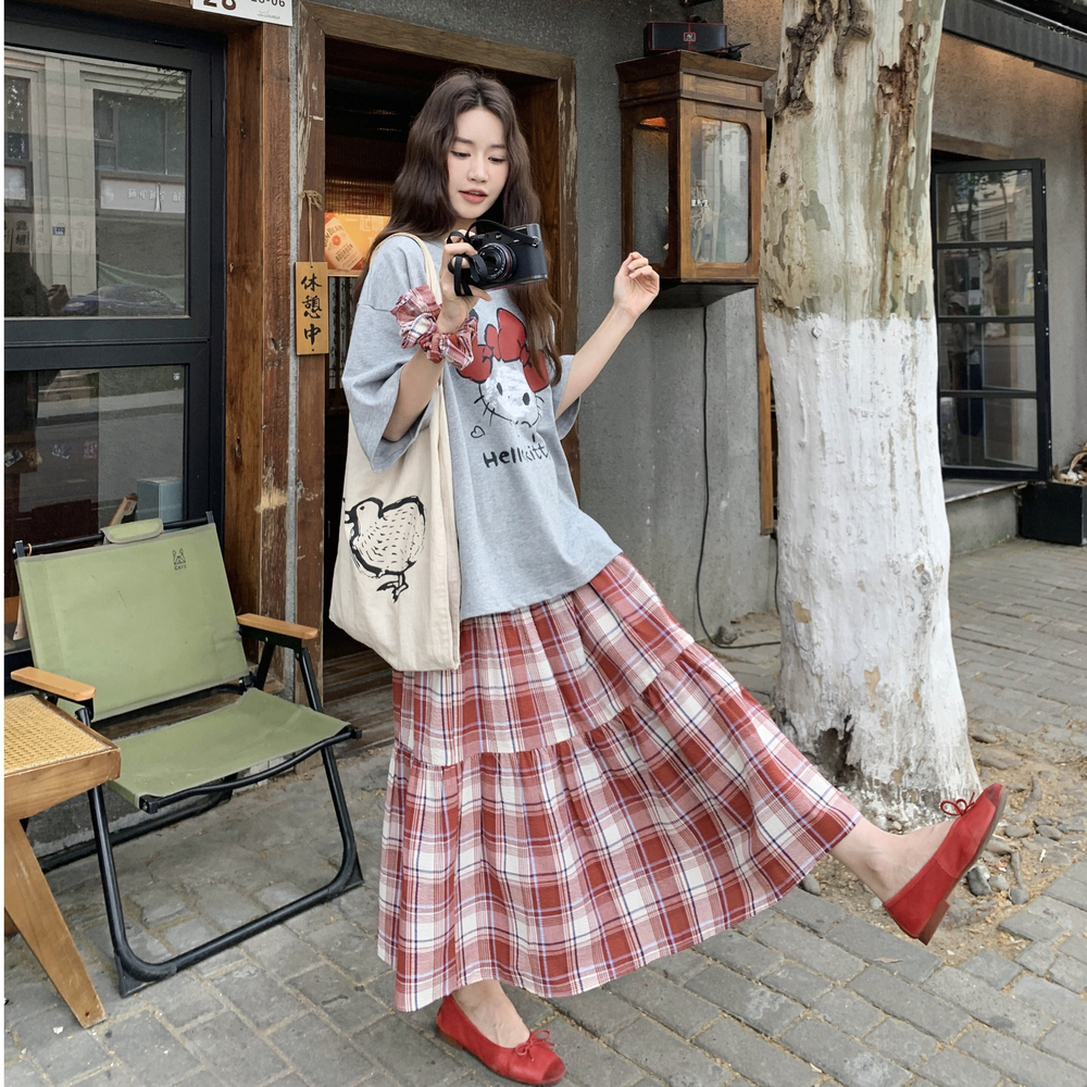 【新款】现货卡通T+格纹裙套装297-1293-P145-K208，女装套装/套裙，艾艾淮淮