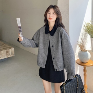 美式复古灰色毛呢棒球服外套女秋冬超火好看高级小众加厚呢子大衣图片