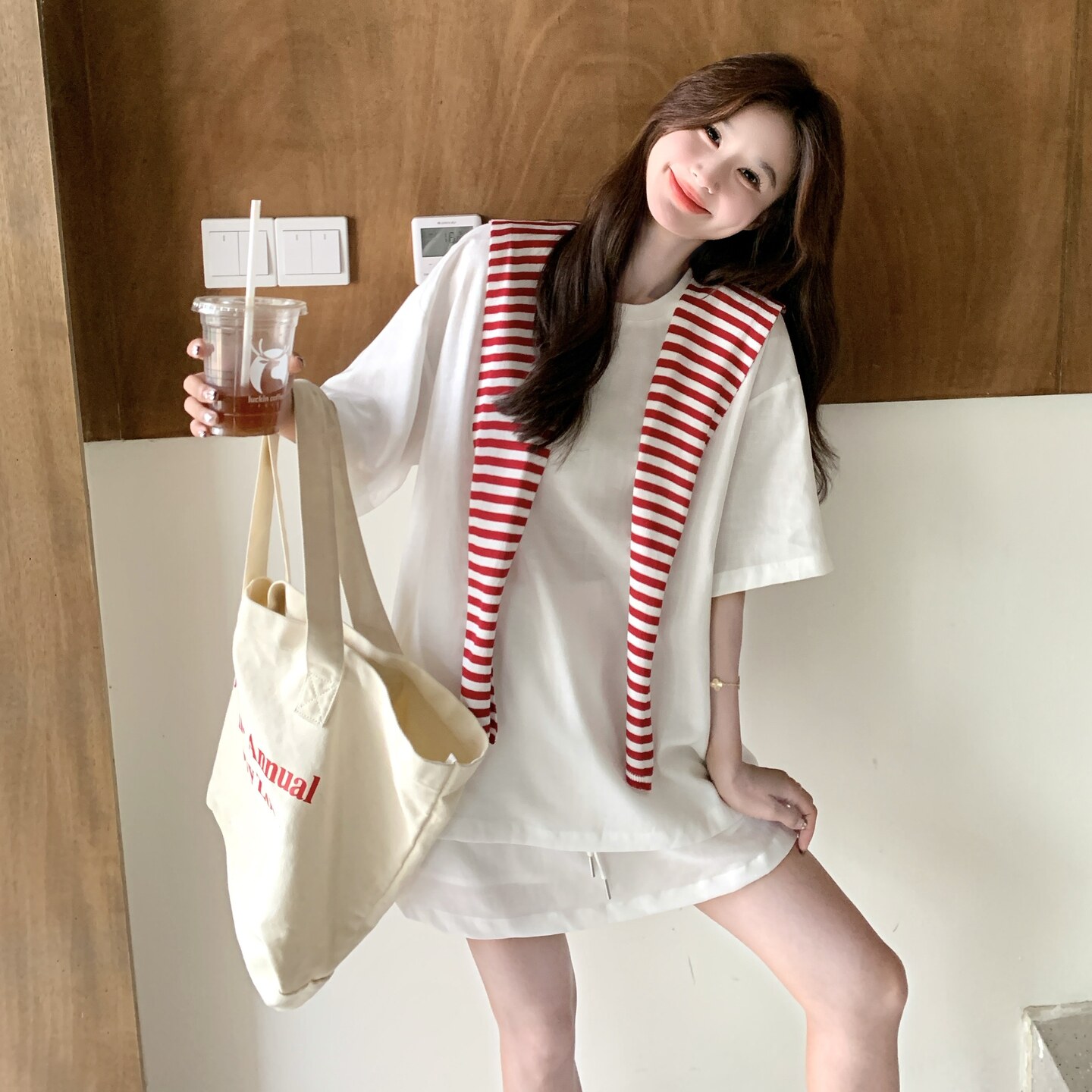 韩系穿搭一整套女2025夏季新款条纹披肩短袖T恤松紧腰短裙两件套,女装套装/套裙,艾艾淮淮