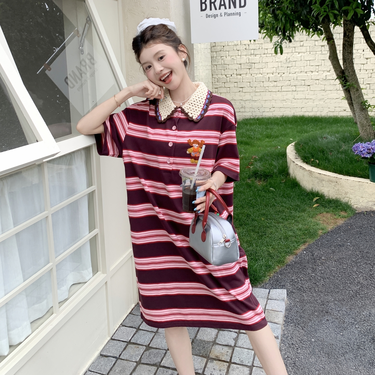 【新款】现货条纹T+特色领连衣裙297-1363-P135-K198，女装连衣裙，艾艾淮淮