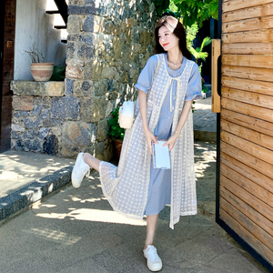甜美蓝色衬衫裙套装女2025夏新款法式温柔显瘦白色罩衫两件套长裙图片