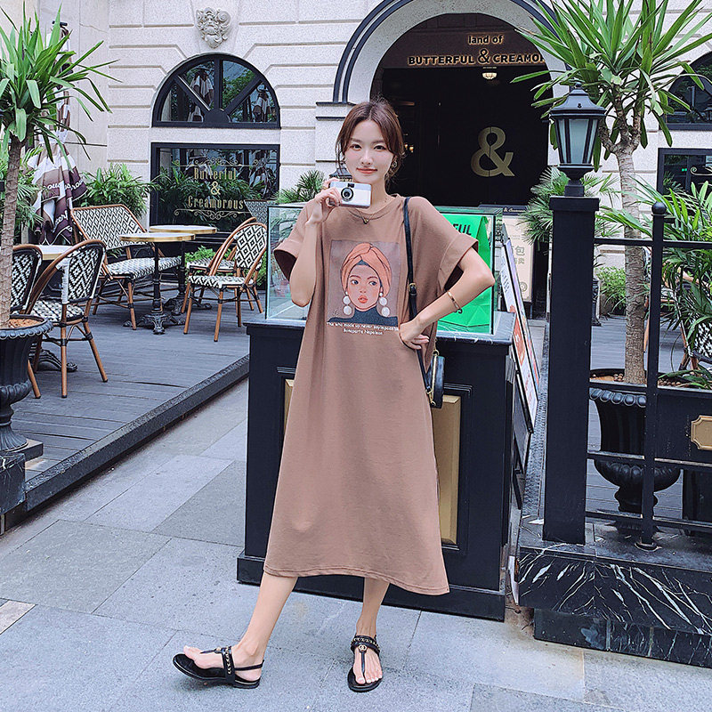 休闲宽松印花T恤连衣裙女2023夏新款韩版洋气减龄显瘦懒人卫衣裙,女装连衣裙,艾艾淮淮