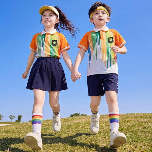 小学生夏季彩虹条纹短袖班服套装