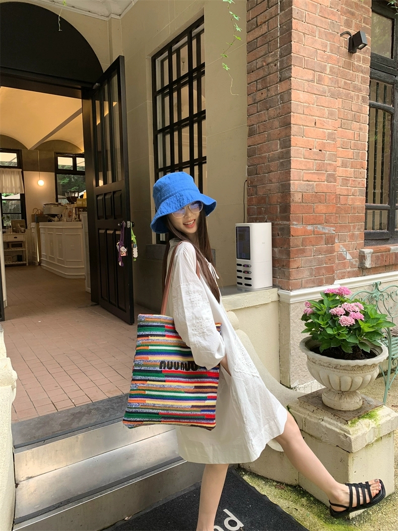 彩色条纹毛线包大容量单肩包托特