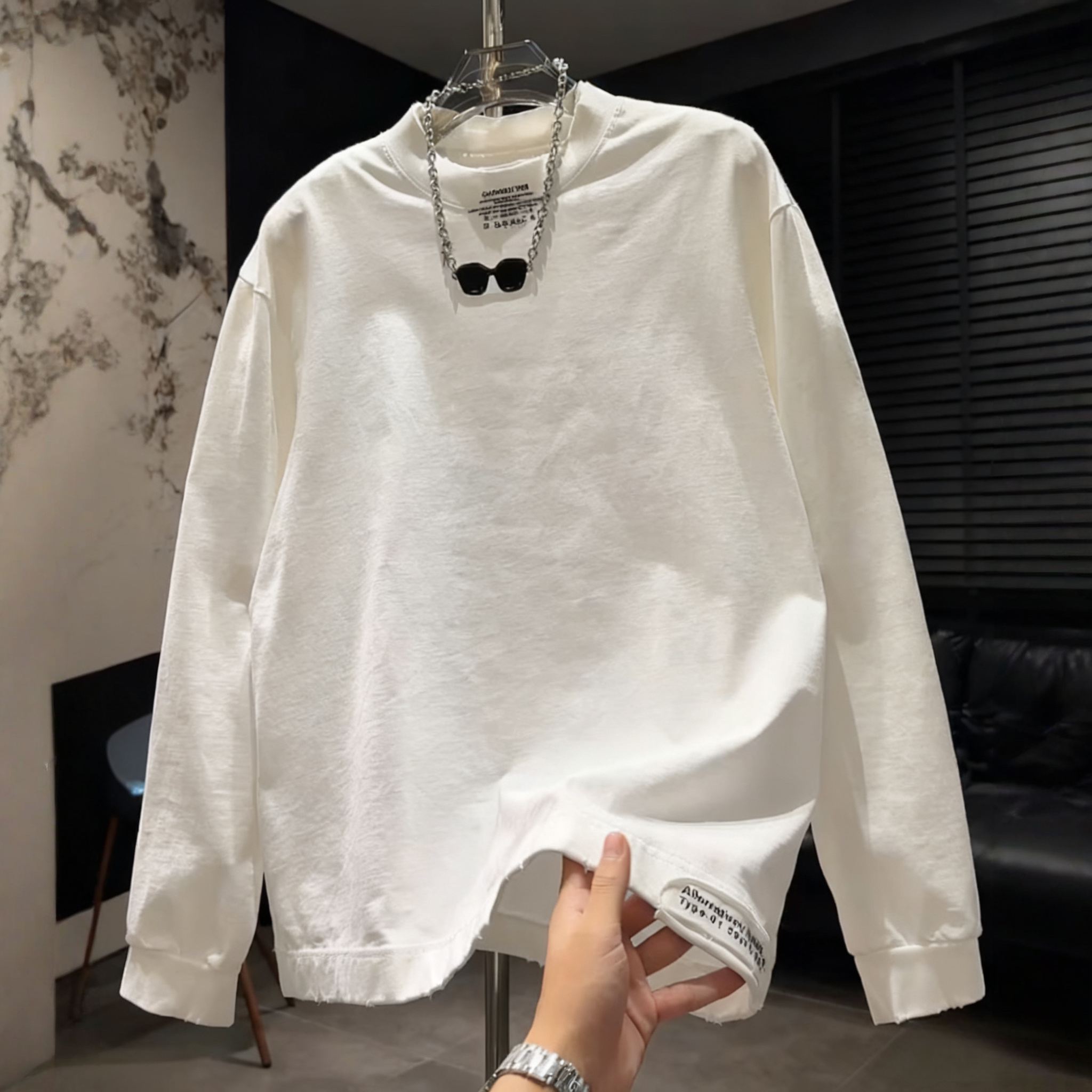 春秋重磅纯棉长袖T恤男潮牌字母印花破洞设计感百搭打底衫上衣潮