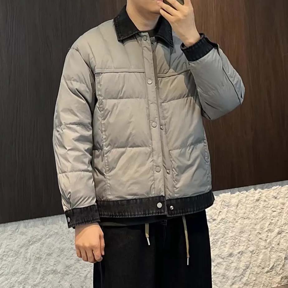 牛仔拼接假两件羽绒服男冬季潮牌设计感百搭白鸭绒保暖翻领外套潮