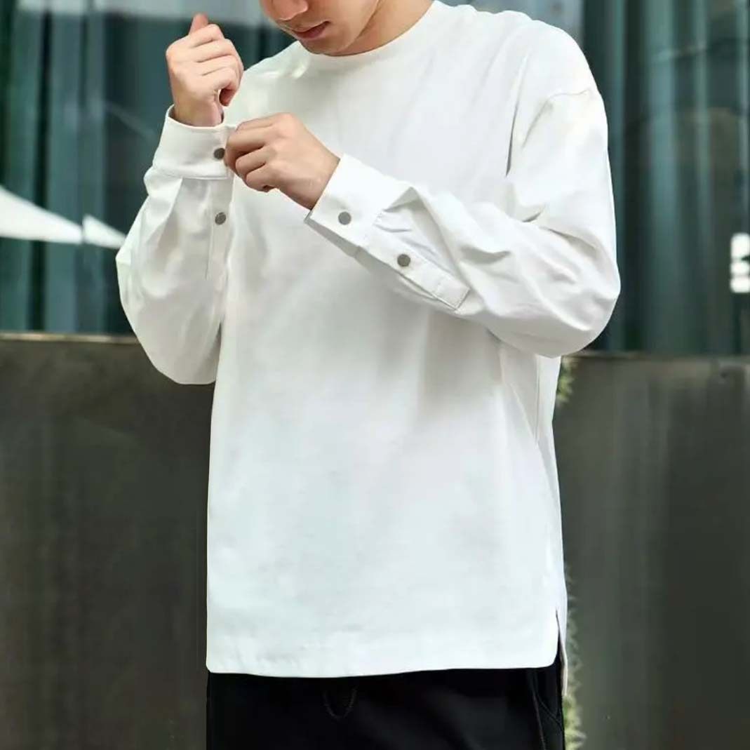 潮牌重磅纯色百搭设计感长袖T恤