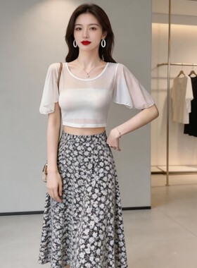 白色透视网纱上衣女短袖圆领露脐小衫夏季薄款蕾丝衫