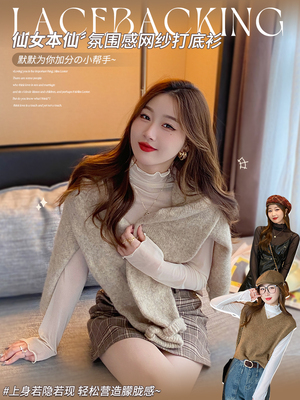 法式黑色纱衣半高领蕾丝性感秋冬季内搭小衫打底衫女高端网纱上衣