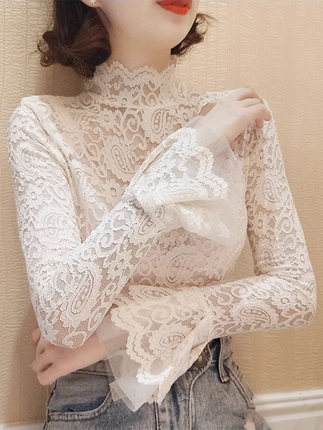 高领蕾丝打底衫女网纱2023秋季修身秋冬内搭泡泡袖加绒洋气上衣