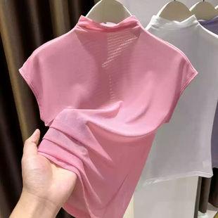 新款 内搭2025夏季 网纱T恤粉色半高领 上衣短款 太空感小众设计无袖