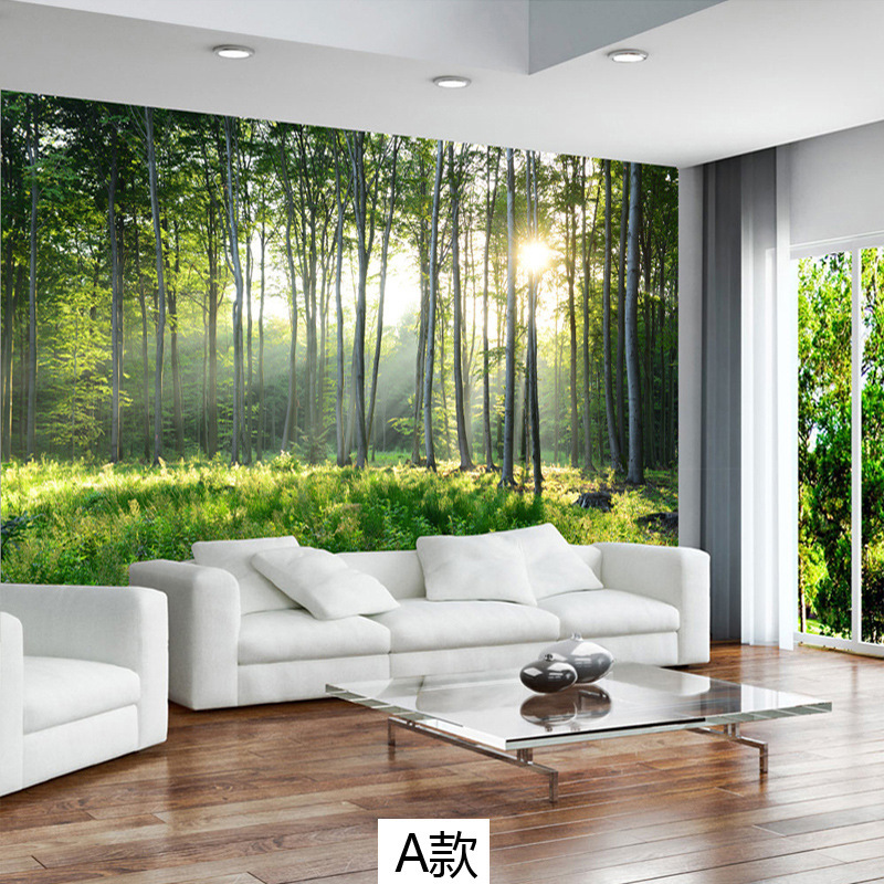 现代简约壁纸树林绿色森林壁画风景沙发卧室电视背景墙纸无缝墙布