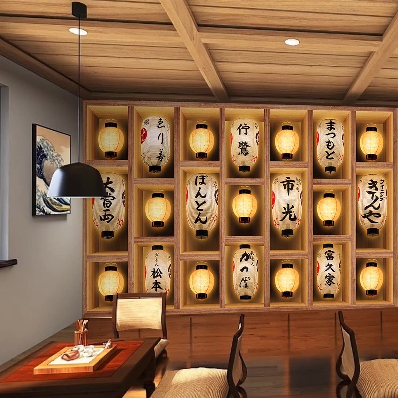 日式居酒屋装饰壁纸和风日本餐厅包厢墙面装修灯笼壁画日料店墙纸图片