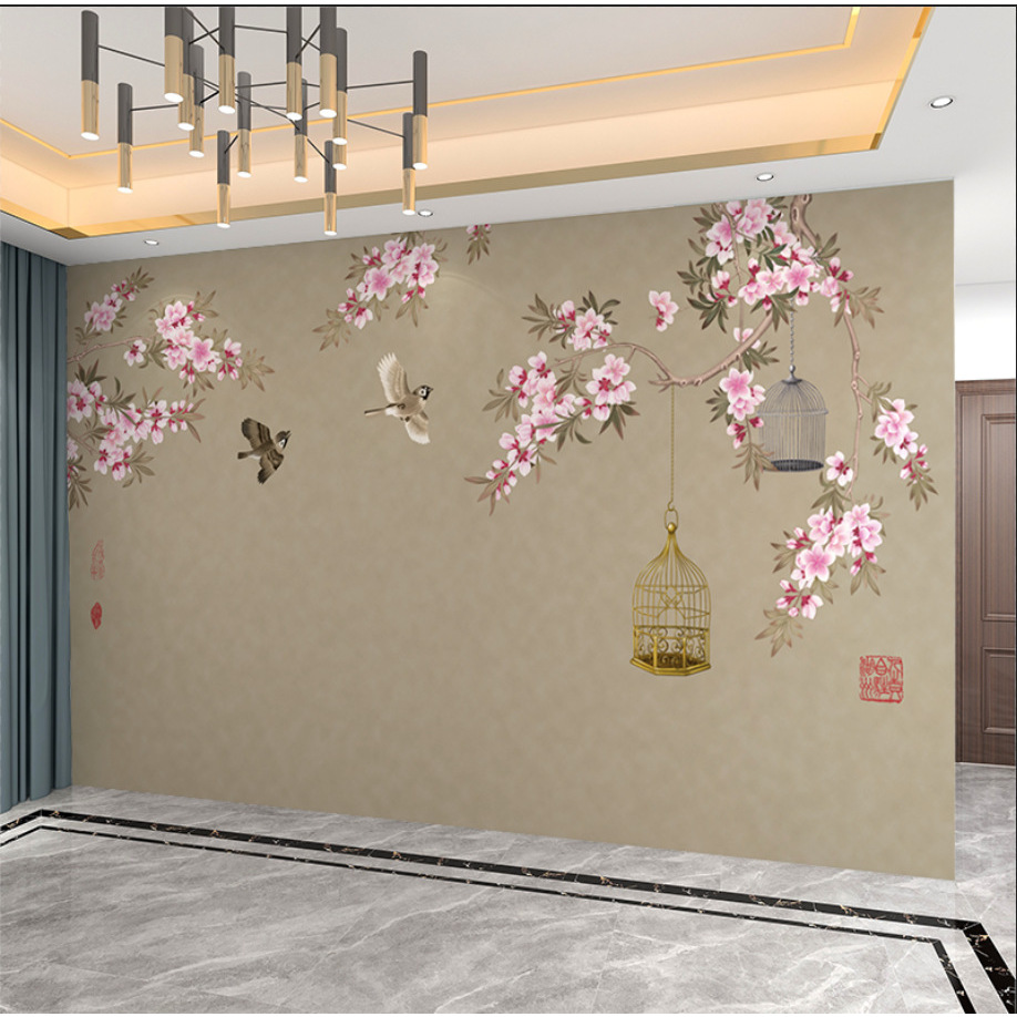 新中式轻奢客厅卧室背景墙刺绣墙布立体花鸟壁画电视沙发床头装饰图片