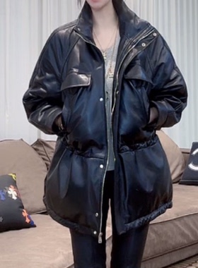 真皮皮衣女绵羊皮鹅绒服大衣抽绳宽松黑色皮衣中长款收腰显瘦外套