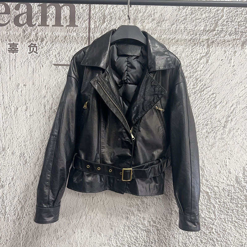 真皮皮衣女短款鹅绒服黑色机车风腰带夹克酷飒气质百搭羽绒服外套