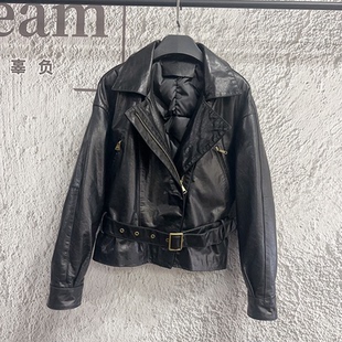 真皮皮衣女短款鹅绒服黑色机车风腰带夹克酷飒气质百搭羽绒服外套