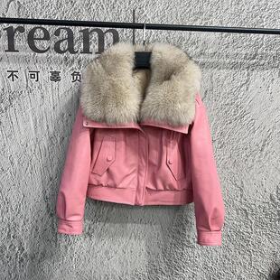 海宁新款2025冬季绵羊皮外套狐狸毛领真皮百搭短款羽绒服皮草上衣