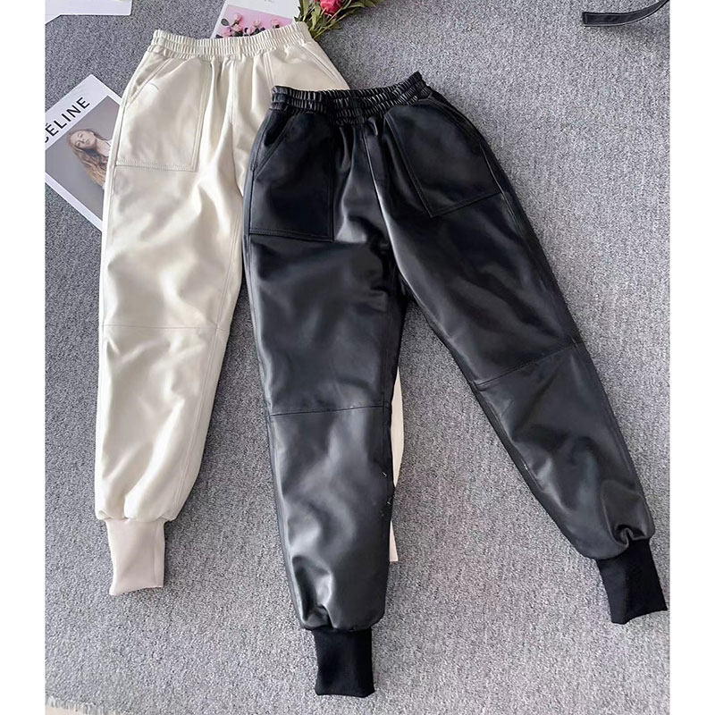 真皮高腰外穿羽绒裤女时尚哈伦裤宽松小脚裤绵羊皮百搭九分休闲裤