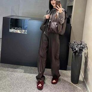 欧货真皮皮衣套装女秋冬款时尚短款背心马甲直筒弯刀裤阔腿裤哈伦