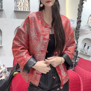 春秋新款 复古盘扣流苏真皮撞色双面穿上衣绵羊皮宽松外套 新中式