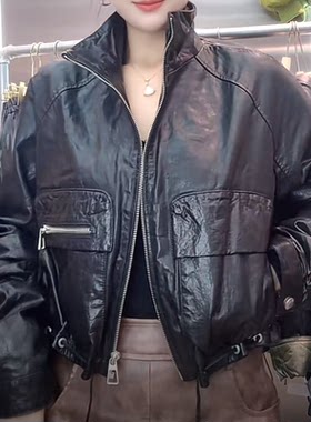 真皮油蜡机车短款立领皮衣女