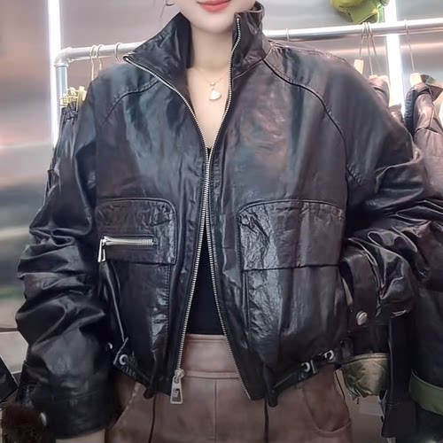 真皮油蜡机车短款立领皮衣女