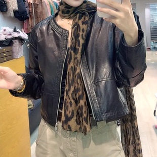 真皮皮衣女冬季新款羽绒服短款外套黑色圆领拉链上衣宽松显瘦夹克