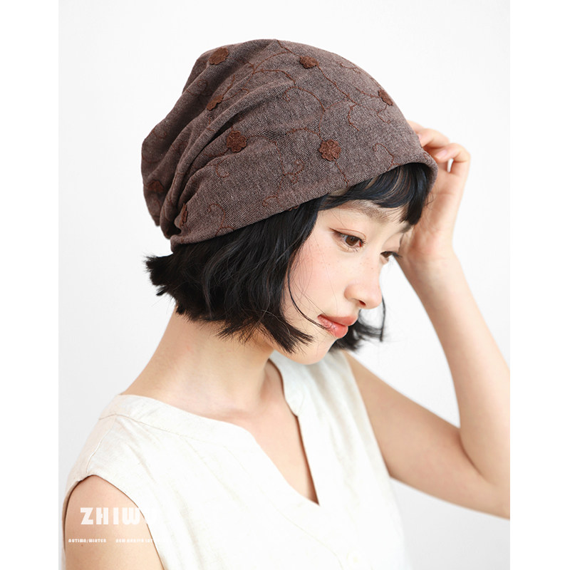 ZHIWU~春夏小众设计感堆堆帽女文艺装饰套头帽子薄款冷帽针织帽