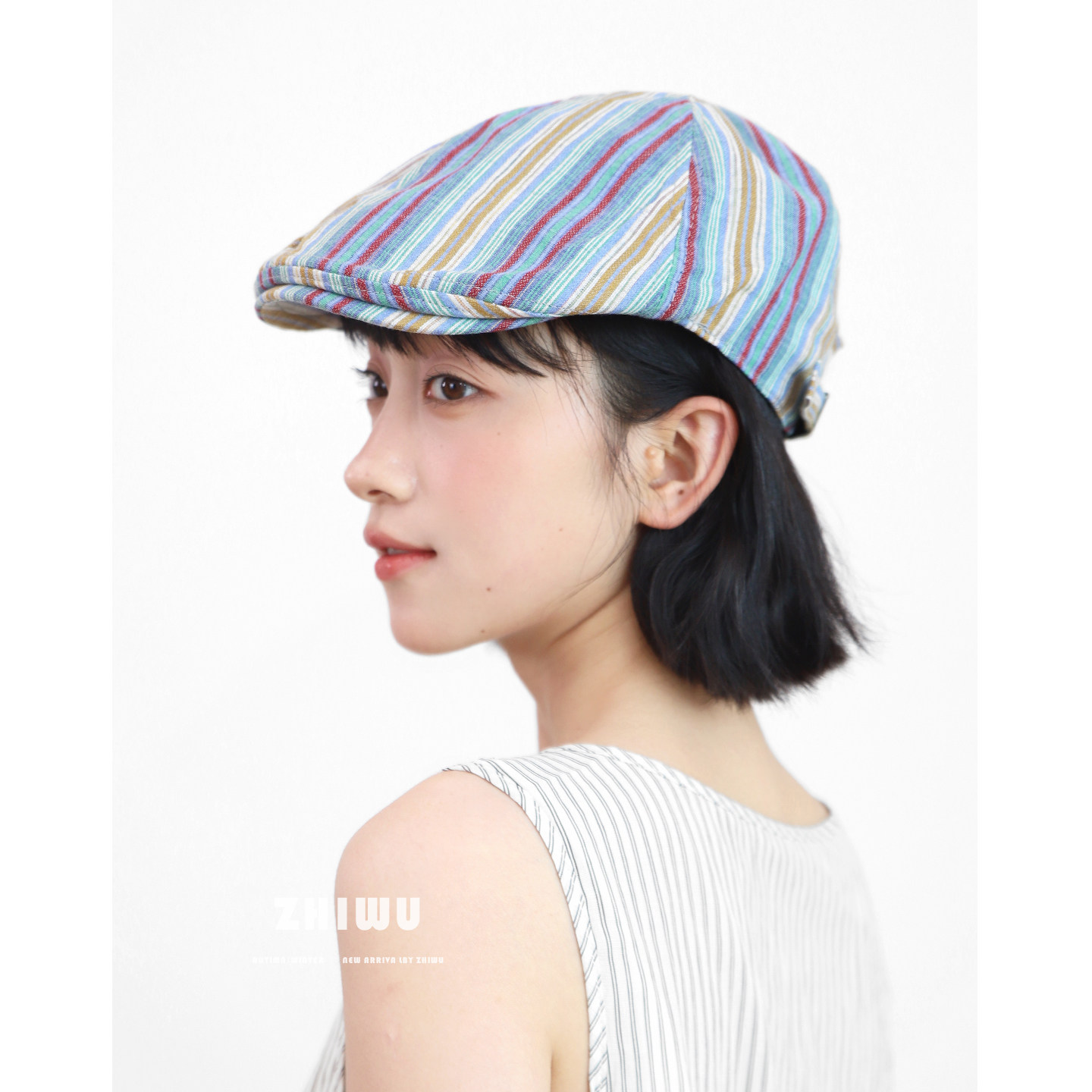 ZHIWU~春夏文艺装饰彩色条纹前进帽女百搭显脸小贝雷帽反戴鸭舌帽