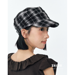 ZHIWU~小众设计感格纹平顶弯檐鸭舌帽女薄款遮阳显脸小褶皱马术帽
