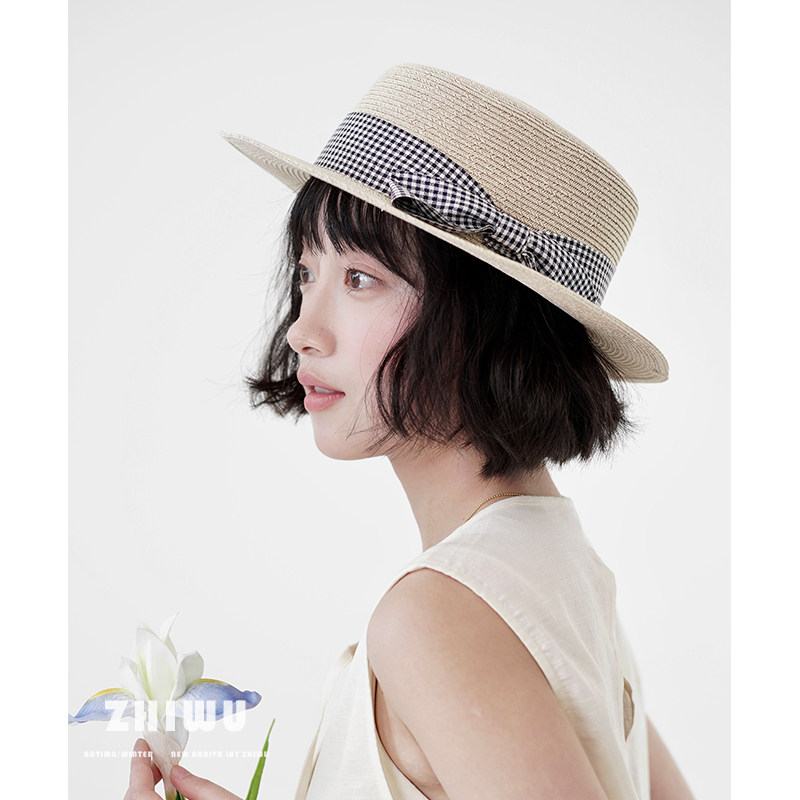 ZHIWU~日系清新穿搭~春夏海边沙滩度假草帽女平顶休闲礼帽遮阳帽