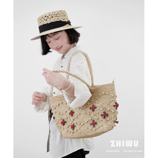 ZHIWU~夏季度假风高端拉菲草手工编织包女海边沙滩包斜挎托特包