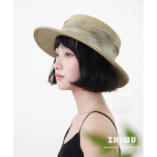 ZHIWU 小众扎染织带平顶草帽女可折叠海边沙滩度假遮阳帽子 夏季