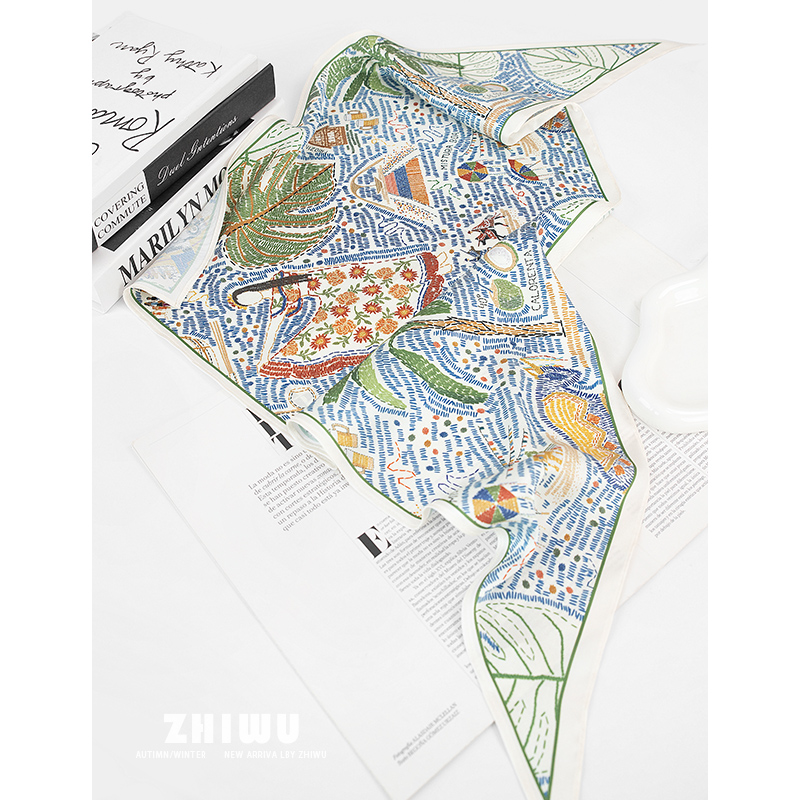 ZHIWU~画板涂鸦~插画风文艺丝巾女绑发绑包海边度假包头三角巾