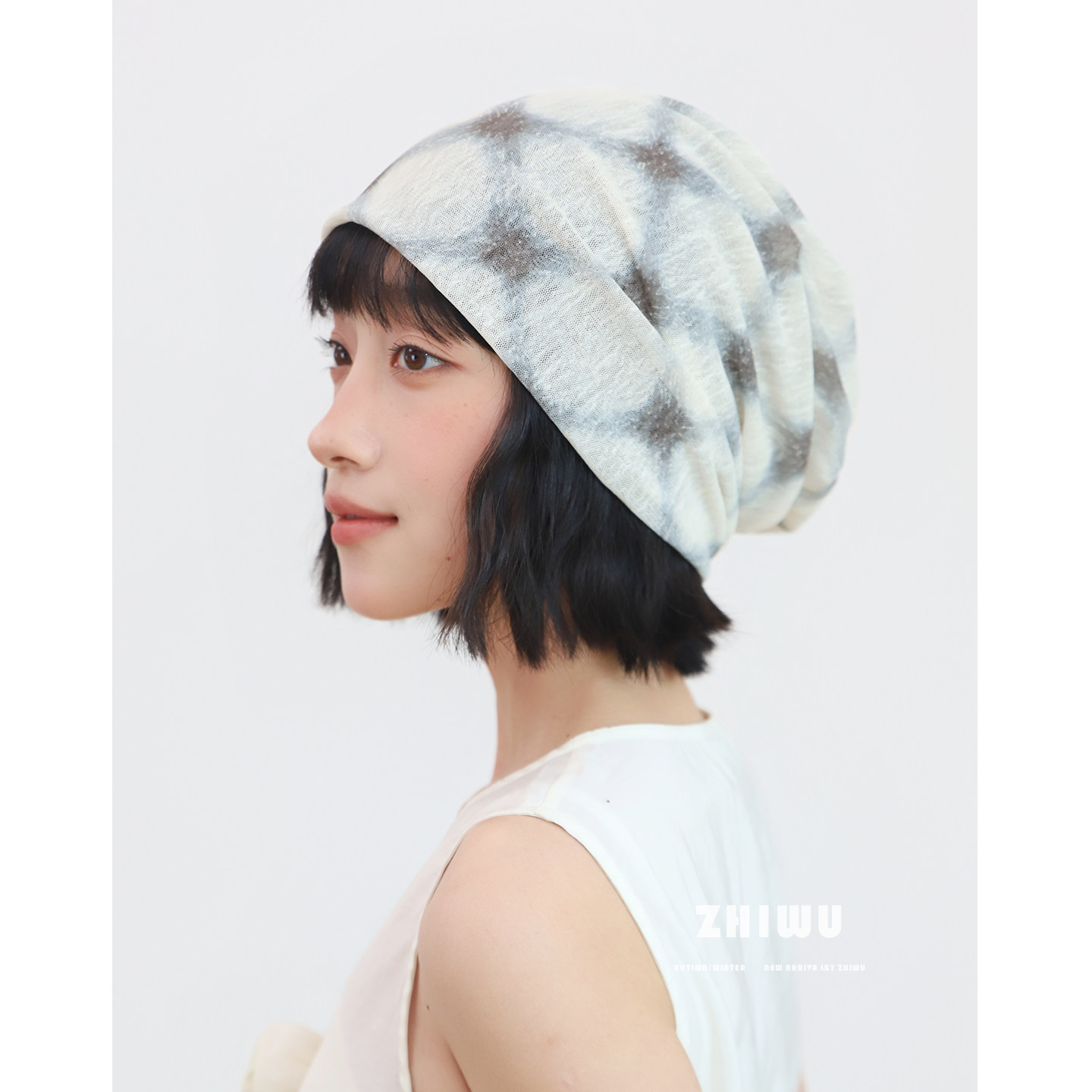 ZHIWU~春夏薄款网纱堆堆帽女复古格纹包头帽出游氛围感搭配套头帽