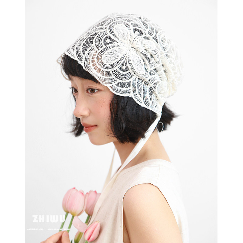 ZHIWU~春夏小众设计感蕾丝套头帽子女法式镂空堆堆帽薄款系带冷帽