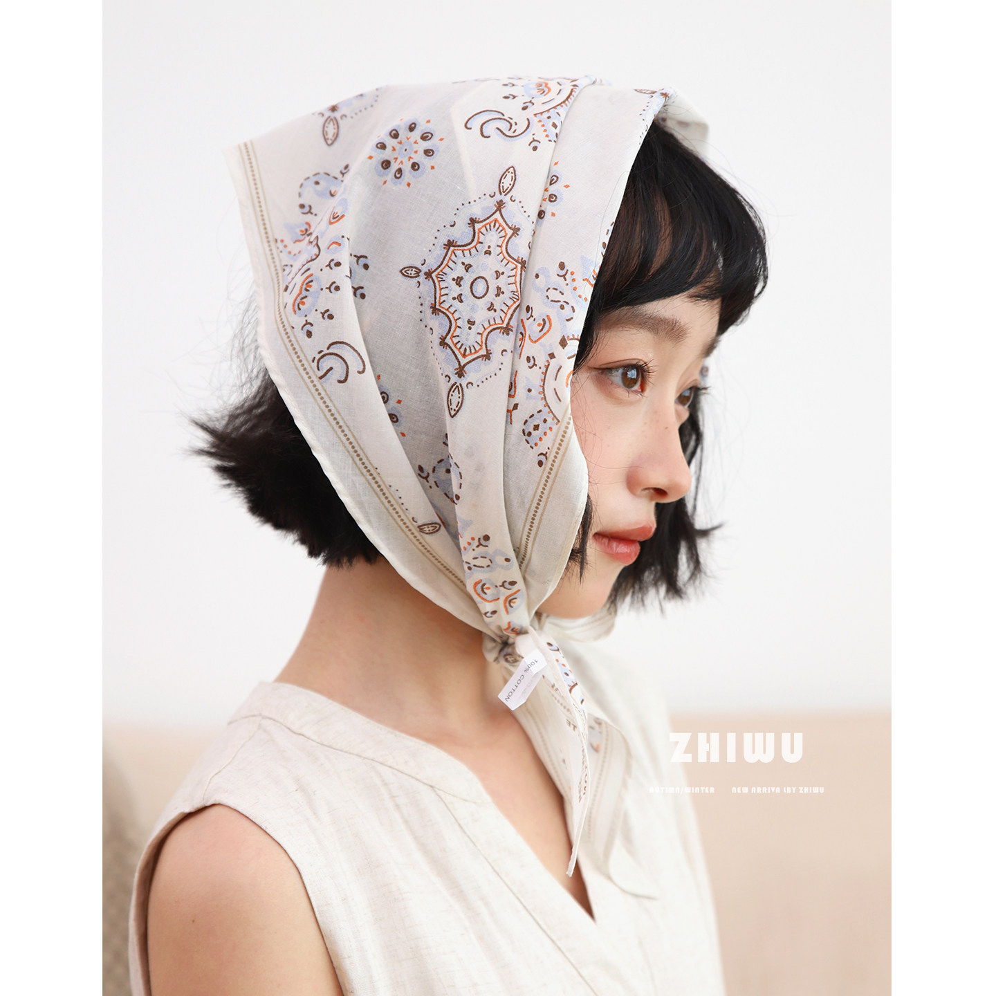 ZHIWU~春夏日系氛围感包头巾女纯棉菱形巾高级感系脖领巾双面丝巾