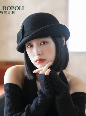 黑色羊毛礼帽女秋冬卷边赫本风毡帽英伦复古千金百搭毛呢帽子女款