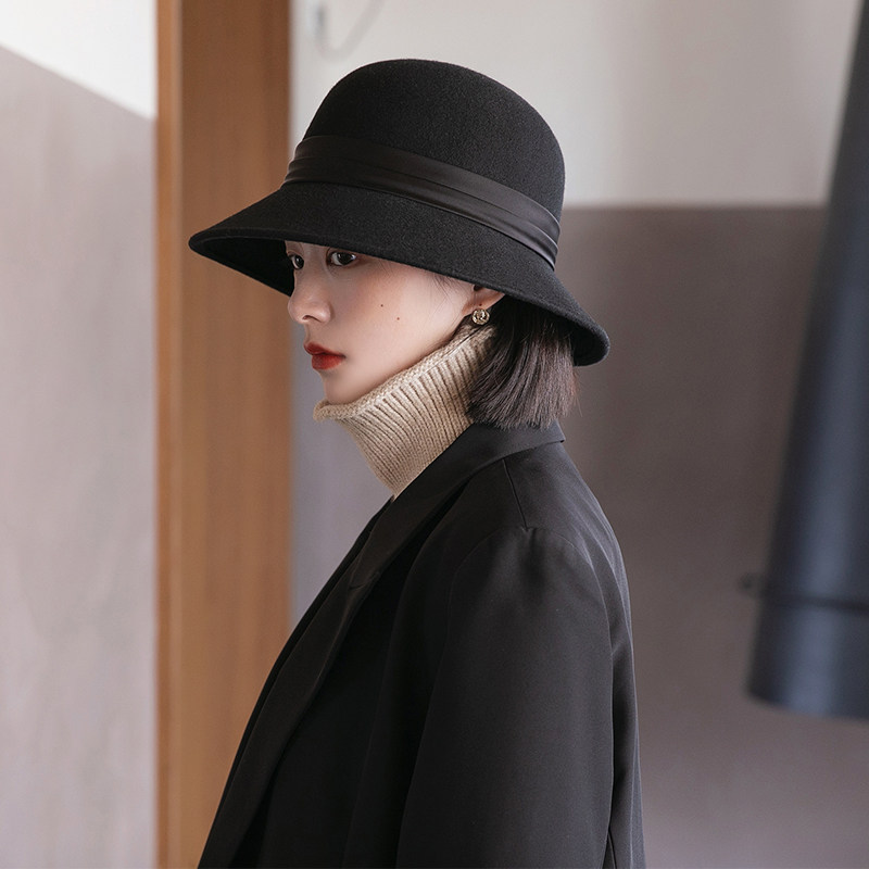 毡帽女秋冬羊毛新款黑色礼帽复古时尚百搭渔夫帽毛呢盆帽帽子女冬