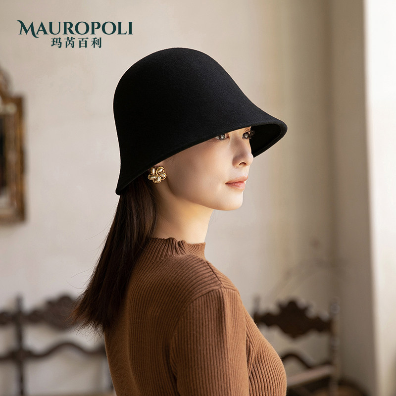 渔夫帽女秋冬黑色大帽檐羊毛盆帽