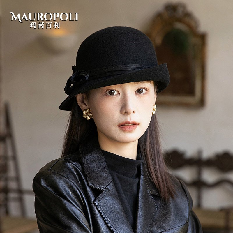 渔夫帽女秋冬卷边羊毛定型礼帽