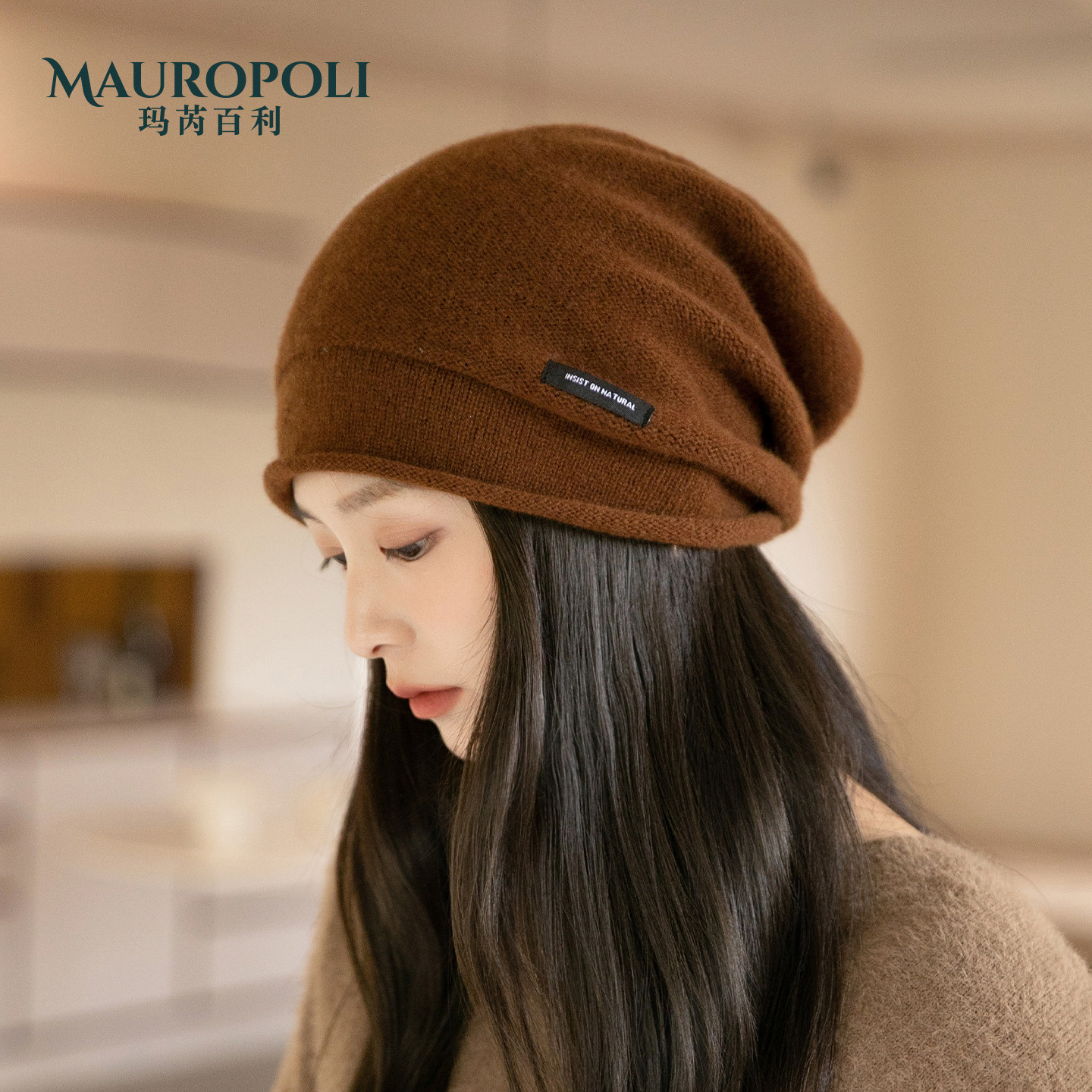 100%纯羊毛针织帽女复古堆堆帽