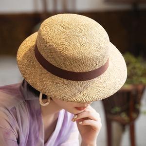 编织草帽女夏季新款法式平顶礼帽时尚防晒遮阳帽手工草编帽子女款