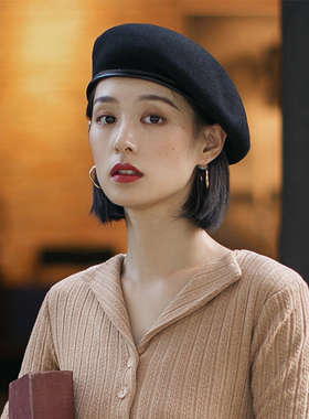 贝雷帽女秋冬时尚百搭羊毛画家帽子女冬黑色英伦复古皮边蓓蕾帽潮