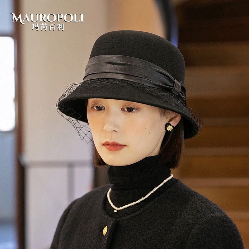 新款黑色网纱渔夫帽女秋冬法式气质复古礼帽女士时尚羊毛保暖盆帽